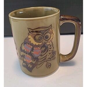 Vintage Stoneware Owl Mug Green Yellow Brown Orange Glazed 4" Tall‎